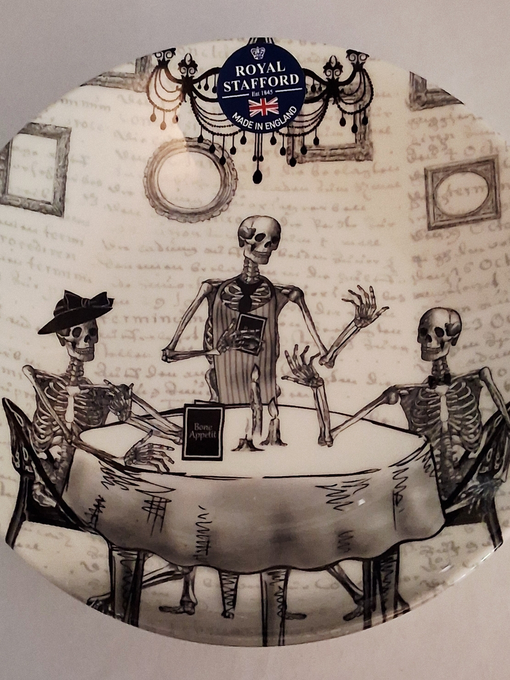 Royal Stafford Cream and Black Skeleton Pasta Bowl - Bone Appetit!